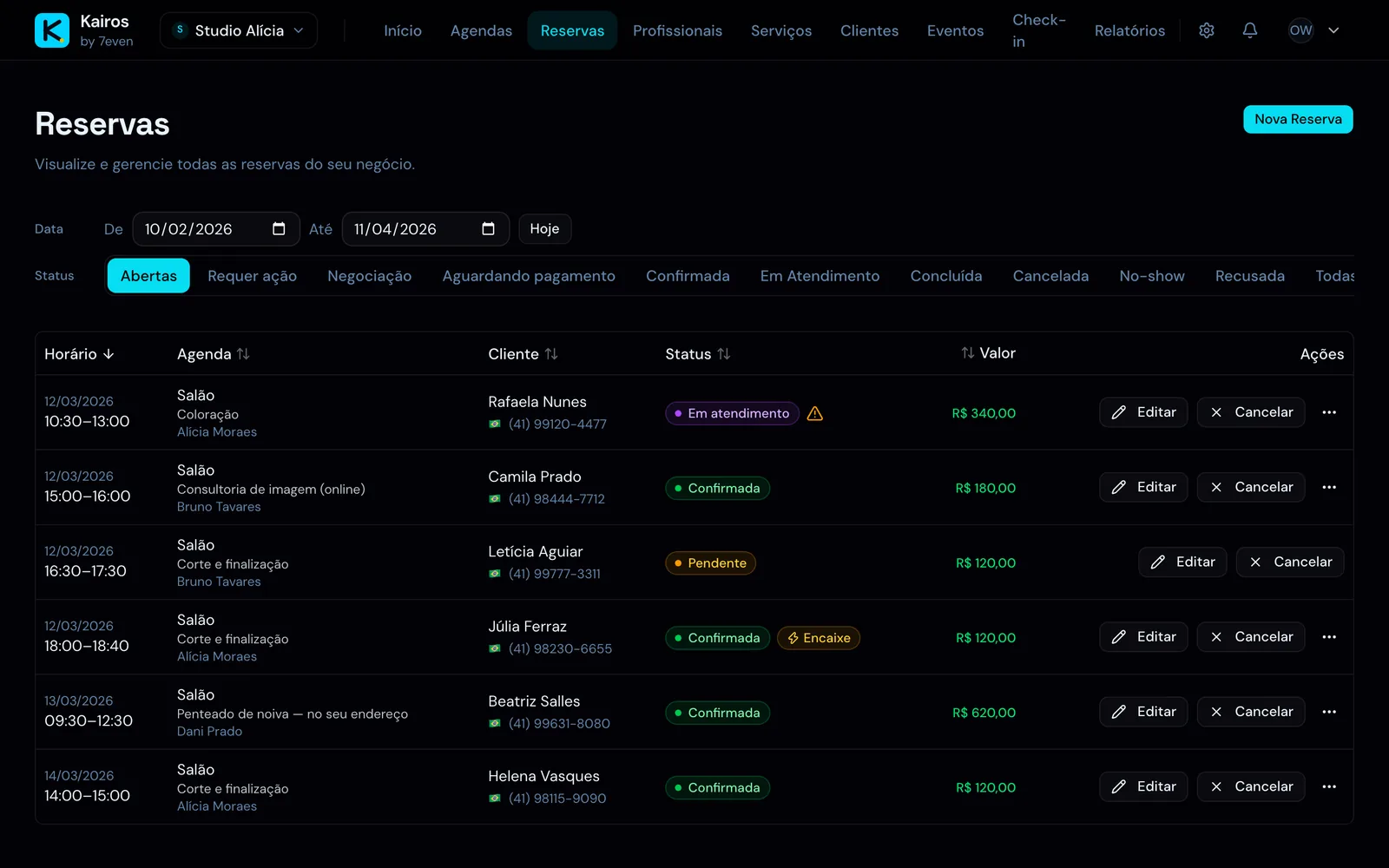 The bookings list, with the status of each appointment